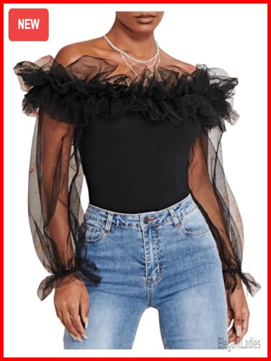 Tops - Ruffle Off Shoulder Blouse Mesh Puff Sleeve Fitted Tee